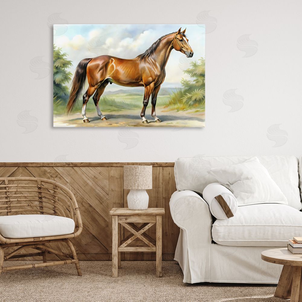 Creative Studio Majestic Horse in Pastoral Landscape Stretched Canvas Wall Art in Room