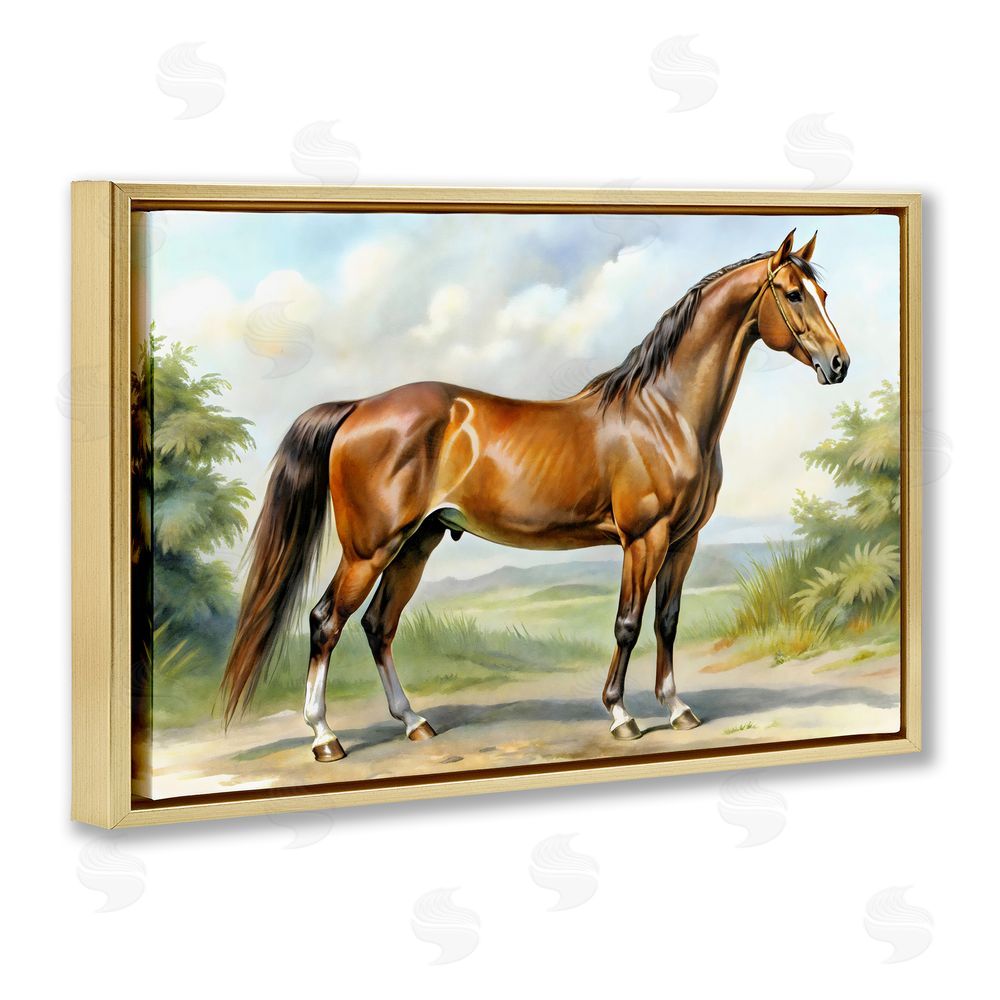 Creative Studio Majestic Horse in Pastoral Landscape Gold Floating Framed Canvas Wall Art
