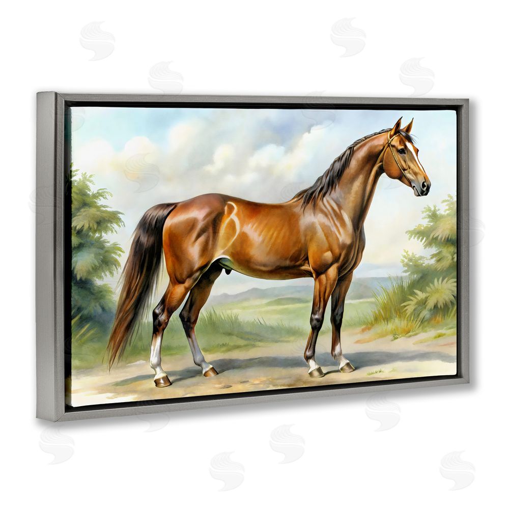 Creative Studio Majestic Horse in Pastoral Landscape Gray Floating Framed Canvas Wall Art