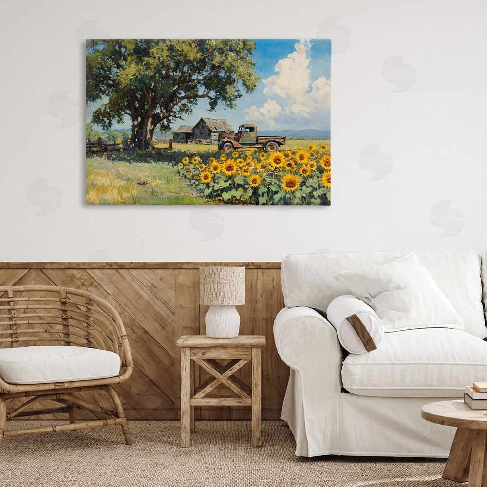 Franklyn Gregory Sunflower Pickup by Old Barn Stretched Canvas on Wall