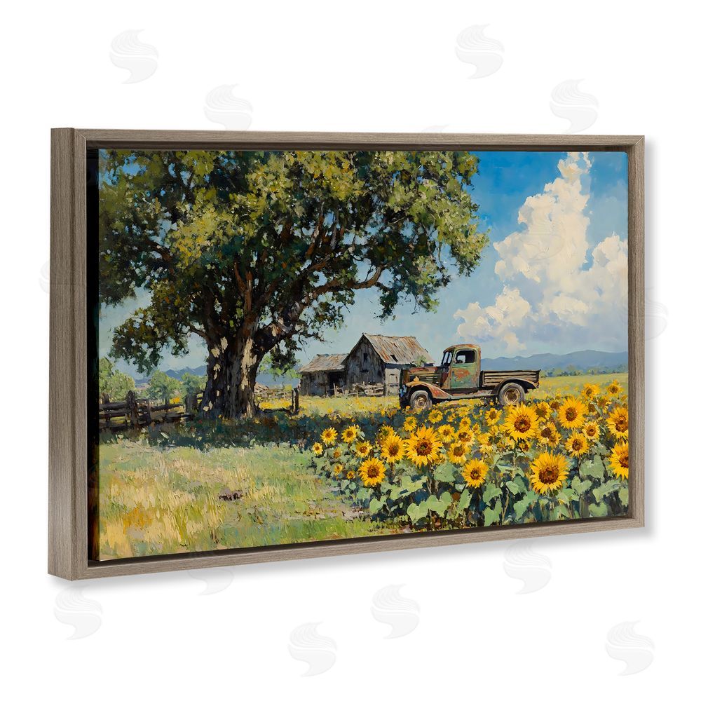 Franklyn Gregory Sunflower Pickup by Old Barn Brown Floating Framed Canvas Wall Art Print