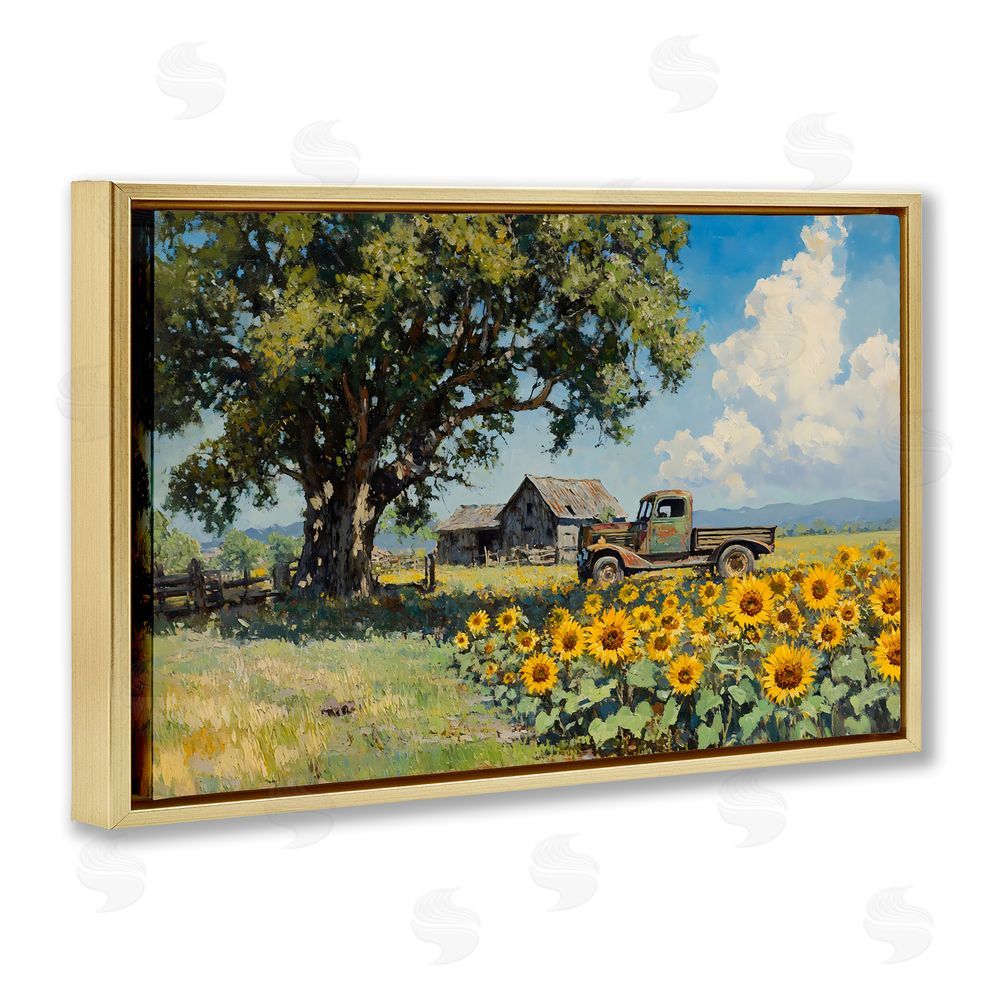 Franklyn Gregory Sunflower Pickup by Old Barn Gold Floating Framed Canvas Wall Art Print