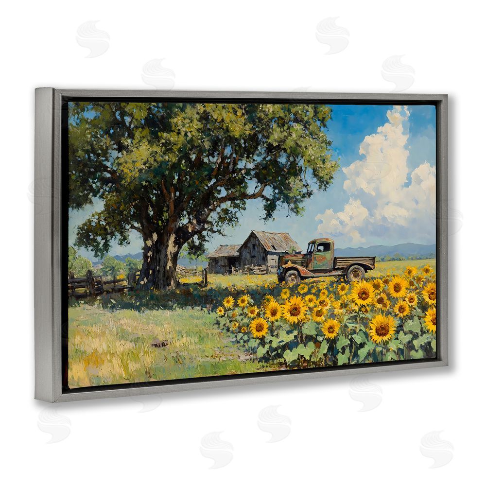 Franklyn Gregory Sunflower Pickup by Old Barn Gray Floating Framed Canvas Wall Art Print