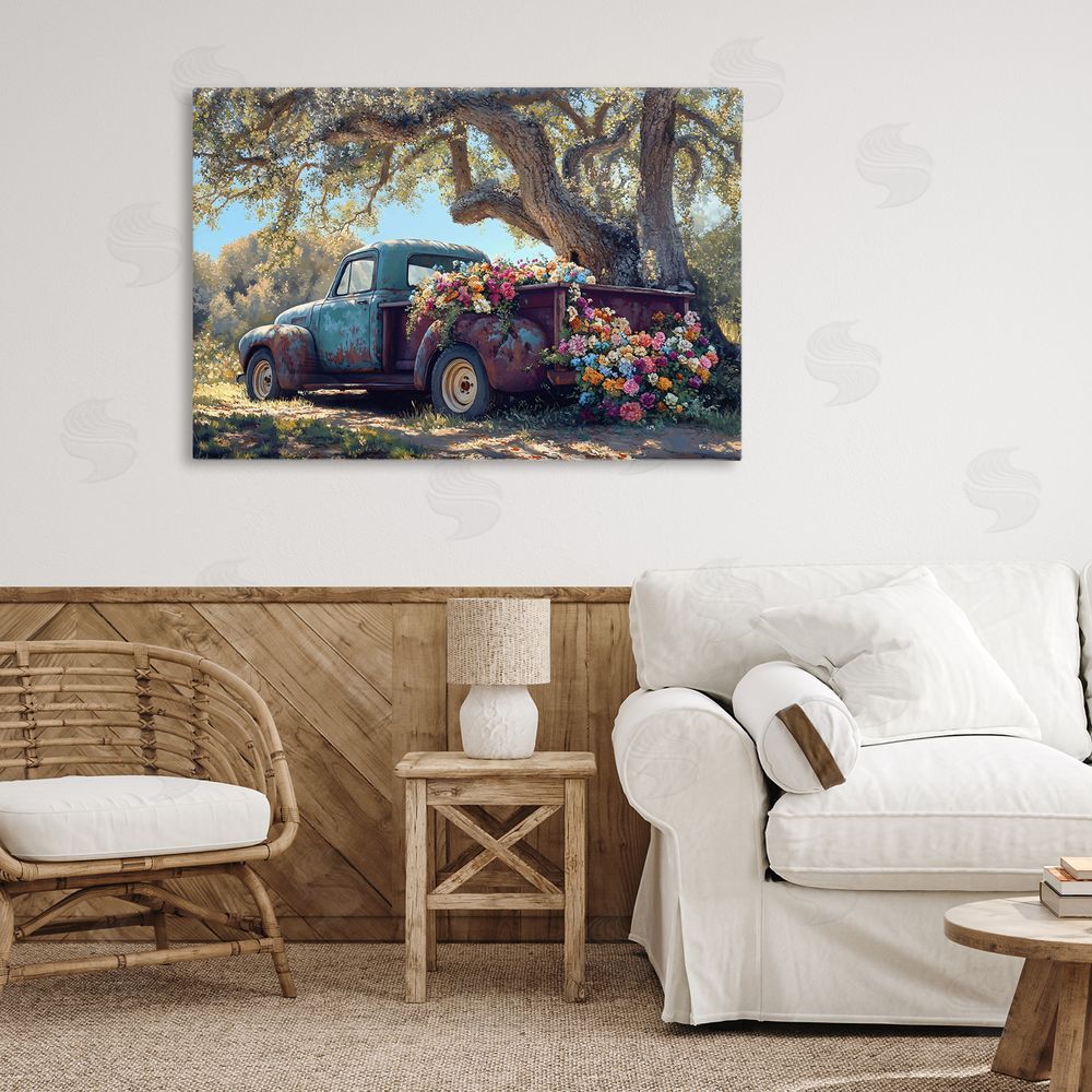 Franklyn Gregory Repurposed Truck Filled with Flowers Stretched Canvas Wall Art in Room