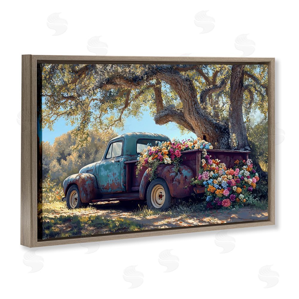 Franklyn Gregory Repurposed Truck Filled with Flowers Brown Floating Framed Canvas Wall Art