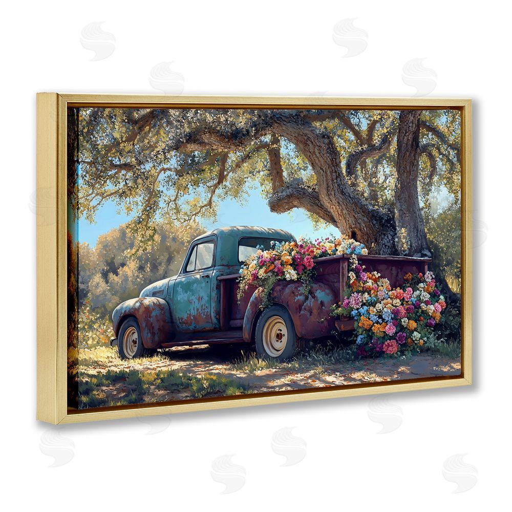 Franklyn Gregory Repurposed Truck Filled with Flowers Gold Floating Framed Canvas Wall Art