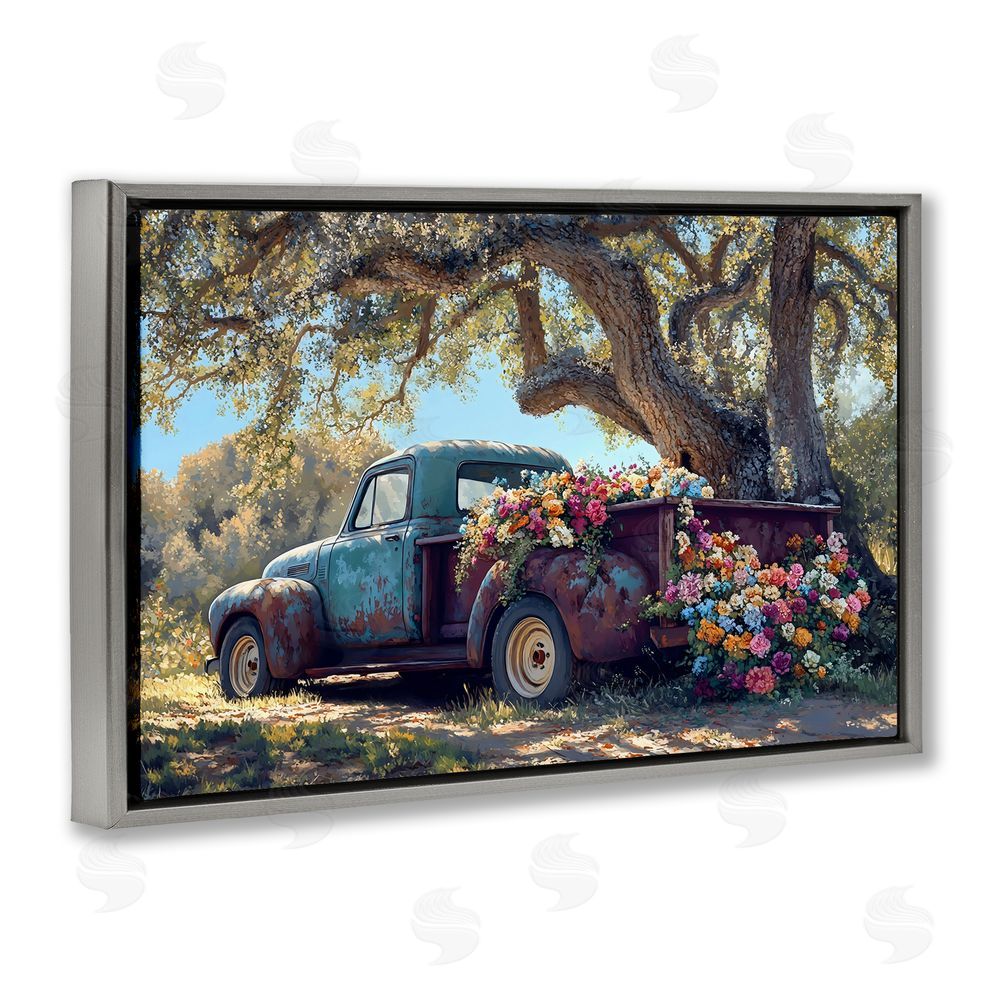 Franklyn Gregory Repurposed Truck Filled with Flowers Gray Floating Framed Canvas Wall Art