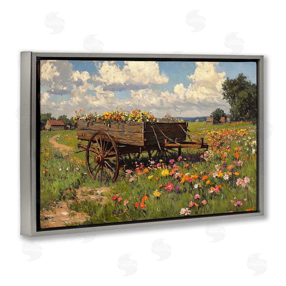Franklyn Gregory Wildflower Wagon in Bloom Gray Floating Framed Canvas Wall Art Print