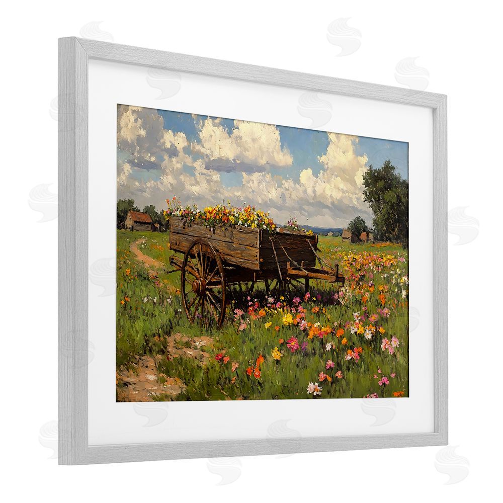 Franklyn Gregory Wildflower Wagon in Bloom Gray Framed Print Under Glass with White Mat Wall Art
