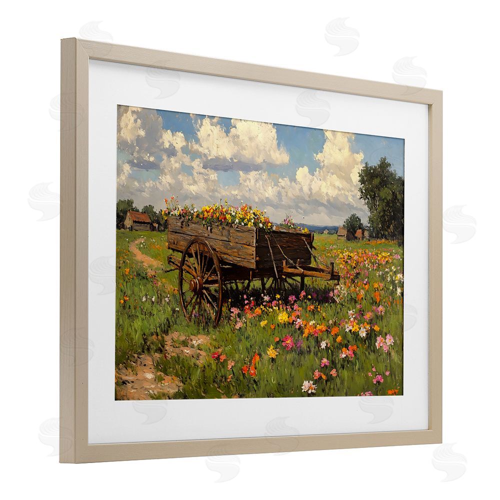 Franklyn Gregory Wildflower Wagon in Bloom Brown Framed Print Under Glass with White Mat Wall Art