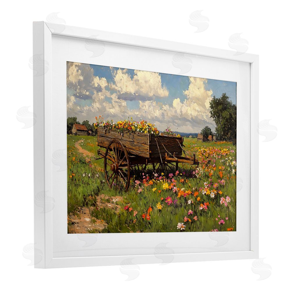 Franklyn Gregory Wildflower Wagon in Bloom White Framed Print Under Glass with White Mat Wall Art