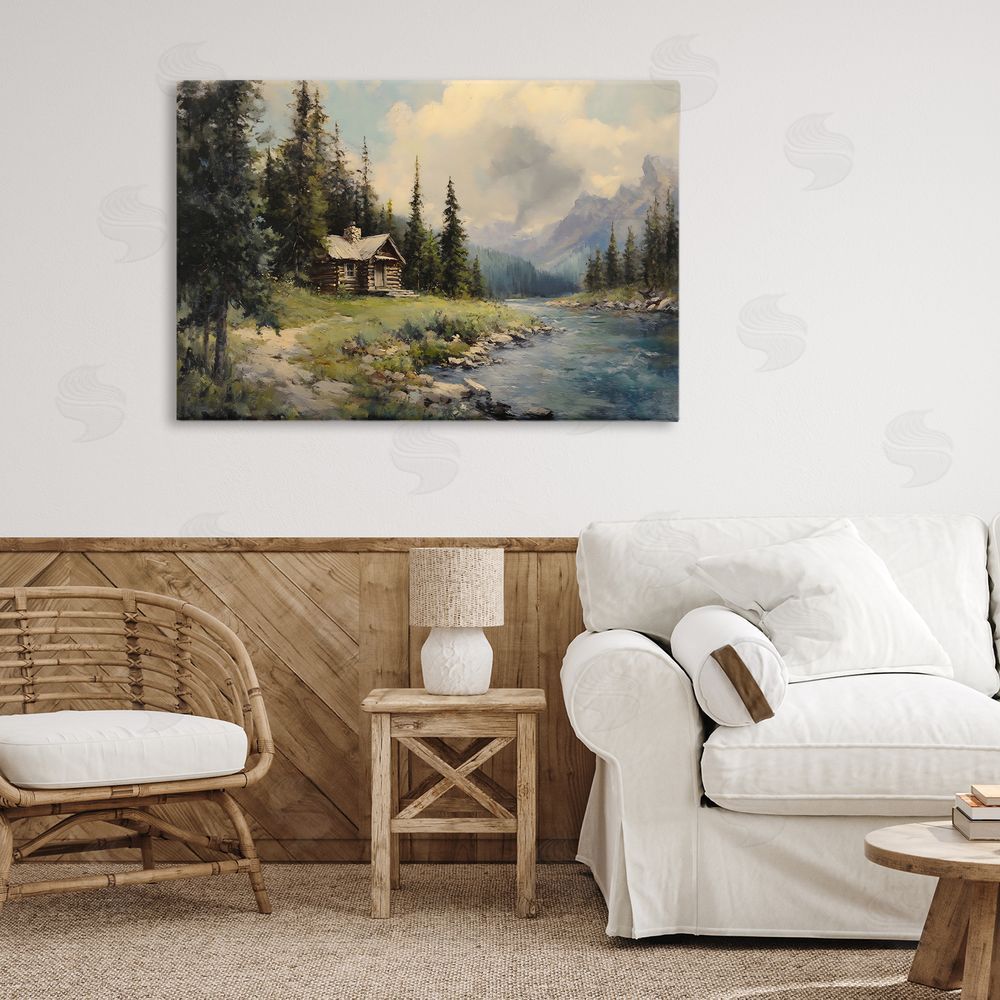 Franklyn Gregory Creek Cabin Riverside Retreat Stretched Canvas Wall Art in Room