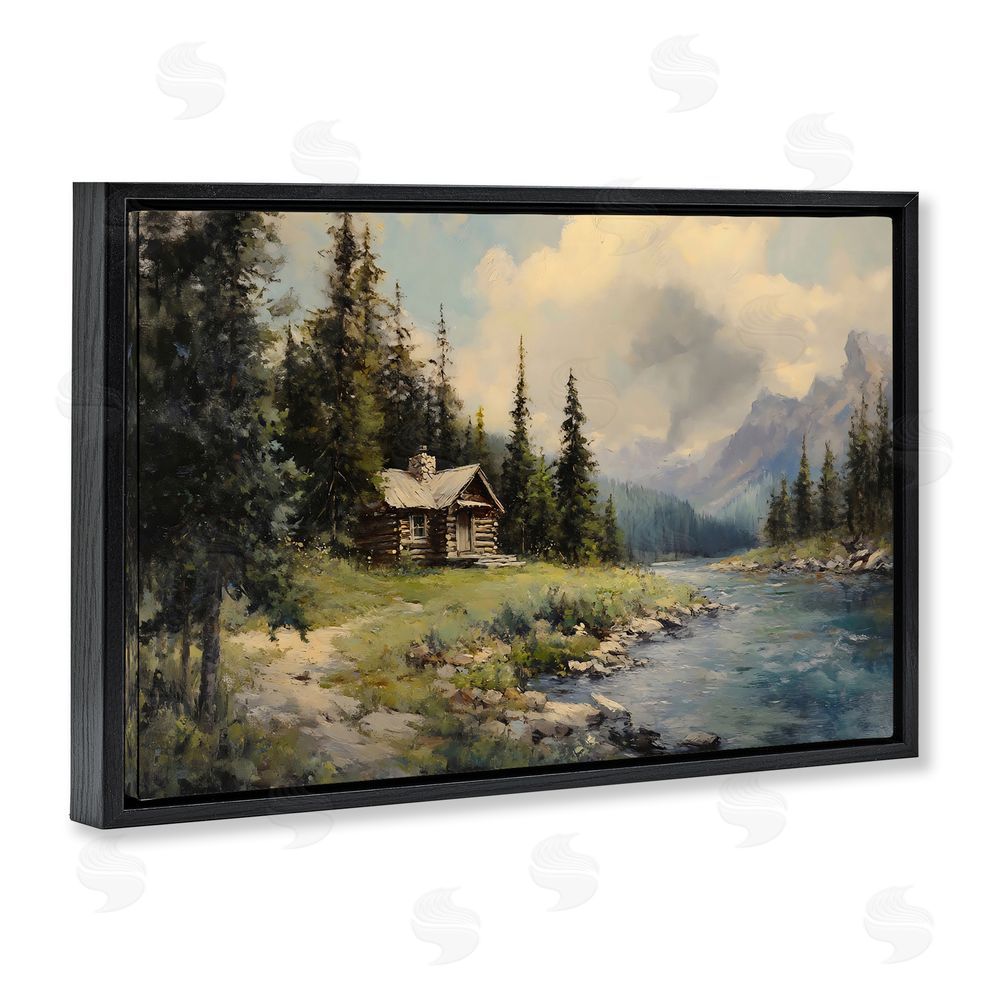 Franklyn Gregory Creek Cabin Riverside Retreat Black Floating Frame Canvas Wall Art Print