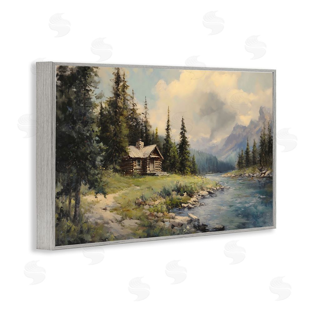 Franklyn Gregory Creek Cabin Riverside Retreat Gray Framed Giclee Wall Art Print