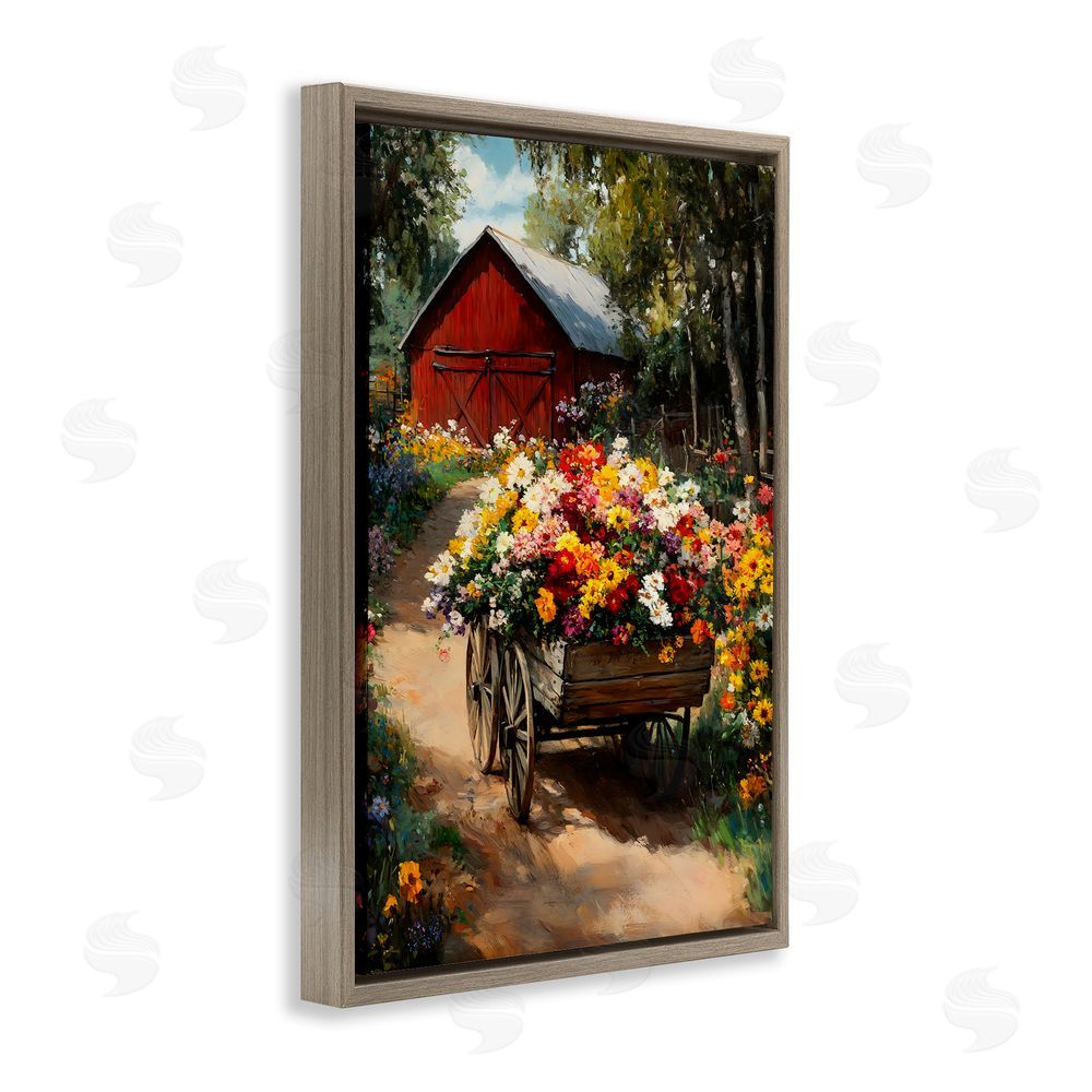 Franklyn Gregory Floral Wagon in Summer Garden Brown Floating Framed Canvas Wall Art