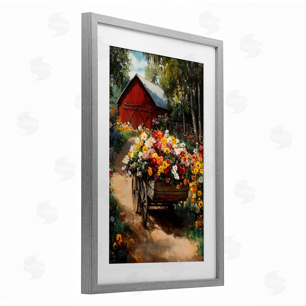 Franklyn Gregory Floral Wagon in Summer Garden Gray Framed Print Under Glass Wall Art