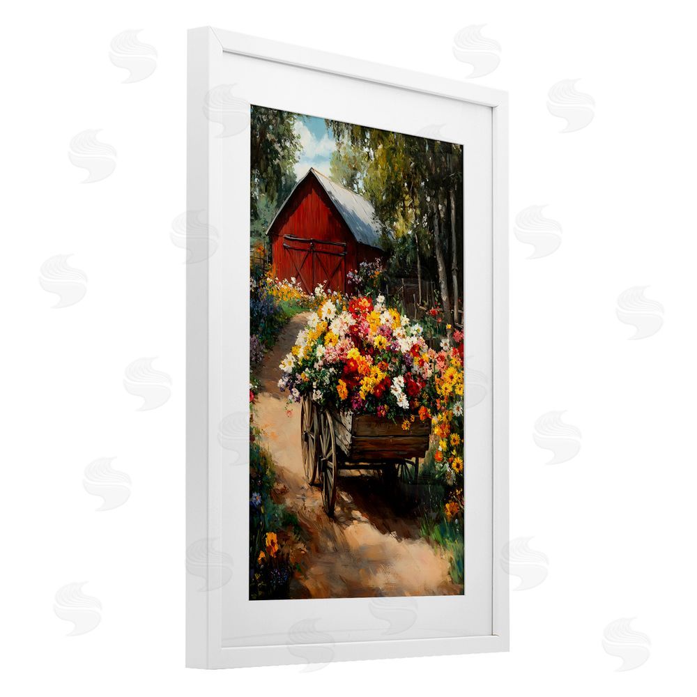 Franklyn Gregory Floral Wagon in Summer Garden White Framed Print Under Glass Wall Art