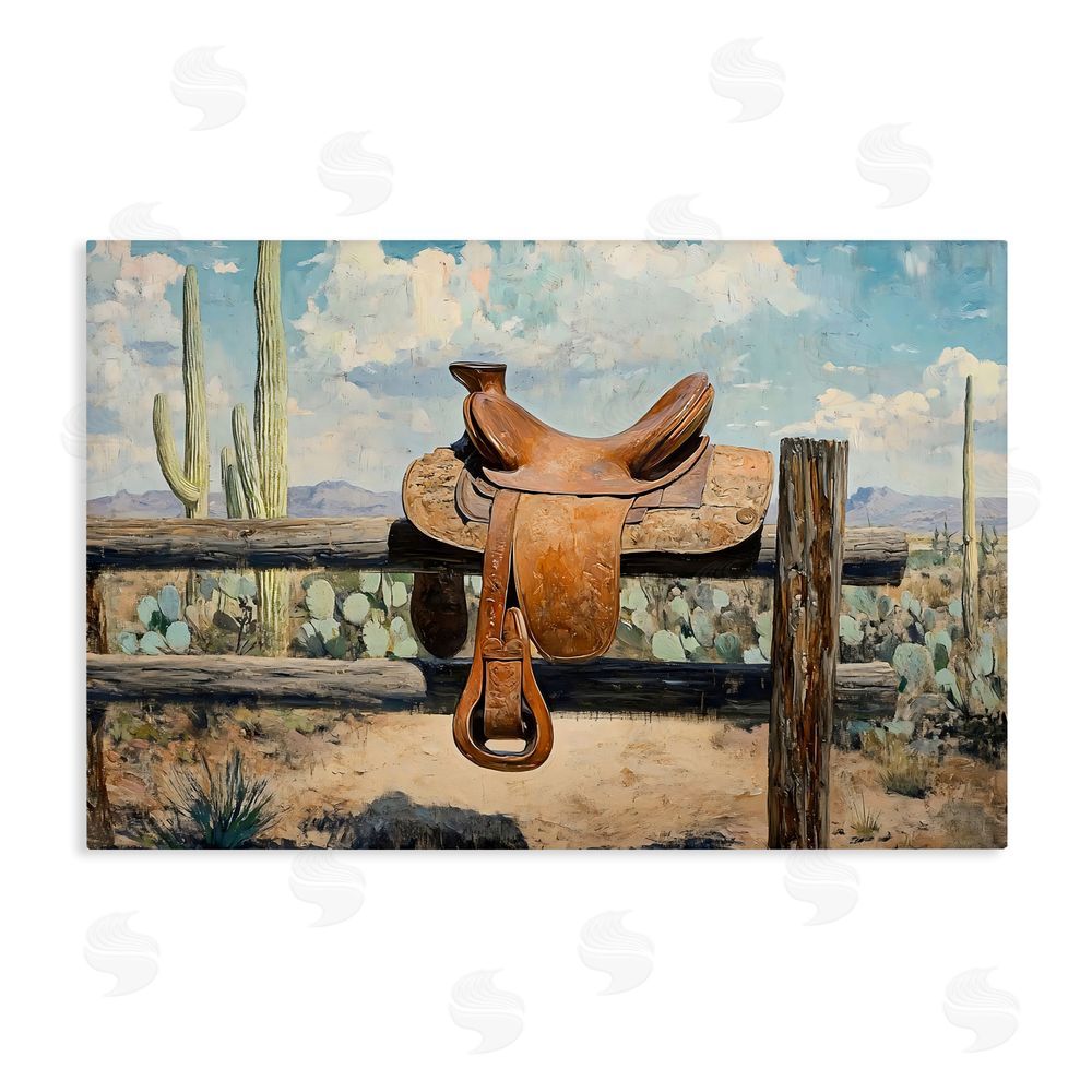 Franklyn Gregory Saddle on Desert Fence Stretched Canvas Wall Art