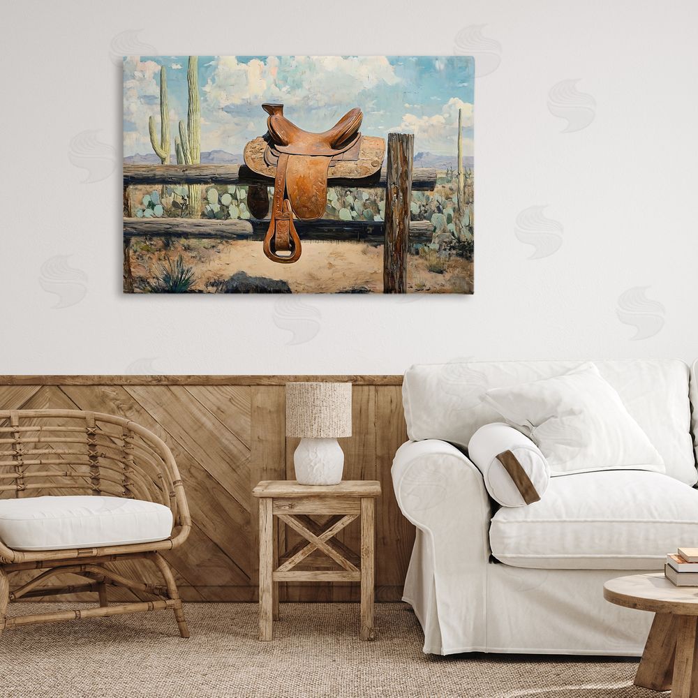 Franklyn Gregory Saddle on Desert Fence Stretched Canvas Wall Art in Room