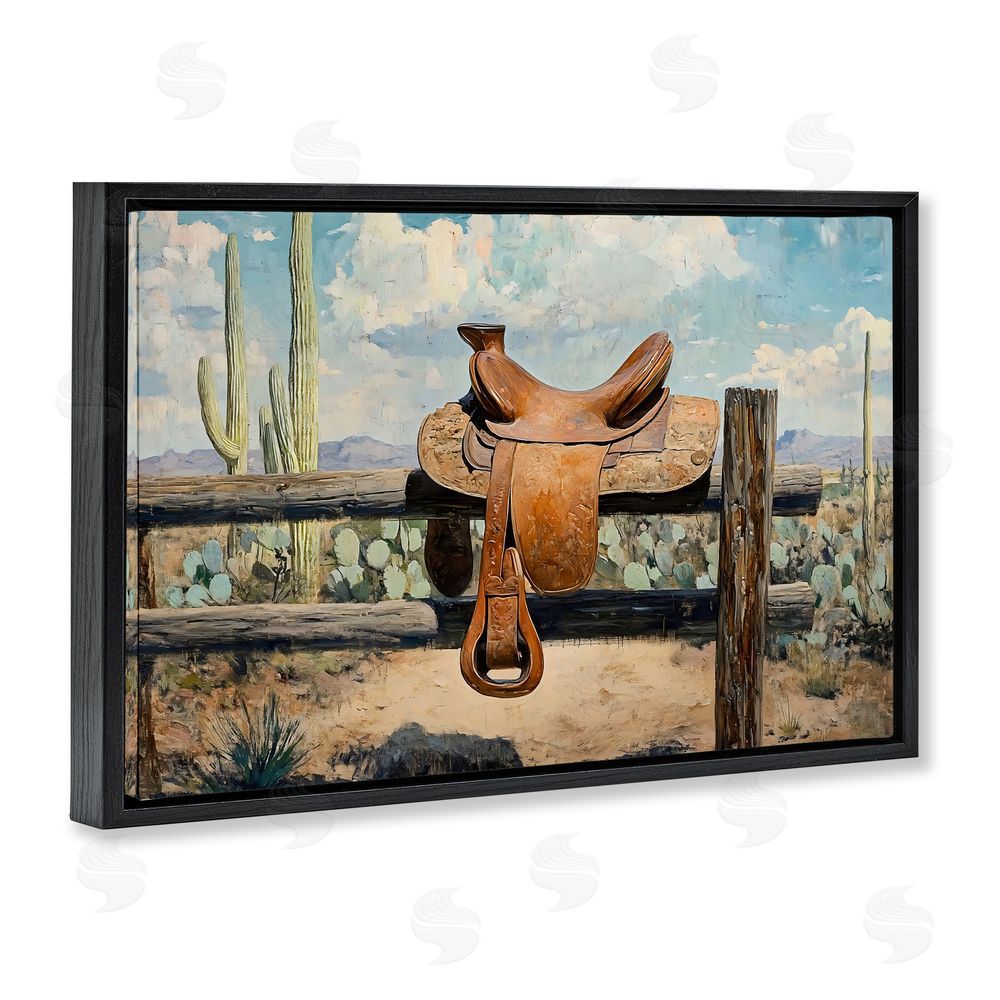 Franklyn Gregory Saddle on Desert Fence Black Floating Framed Canvas Wall Art