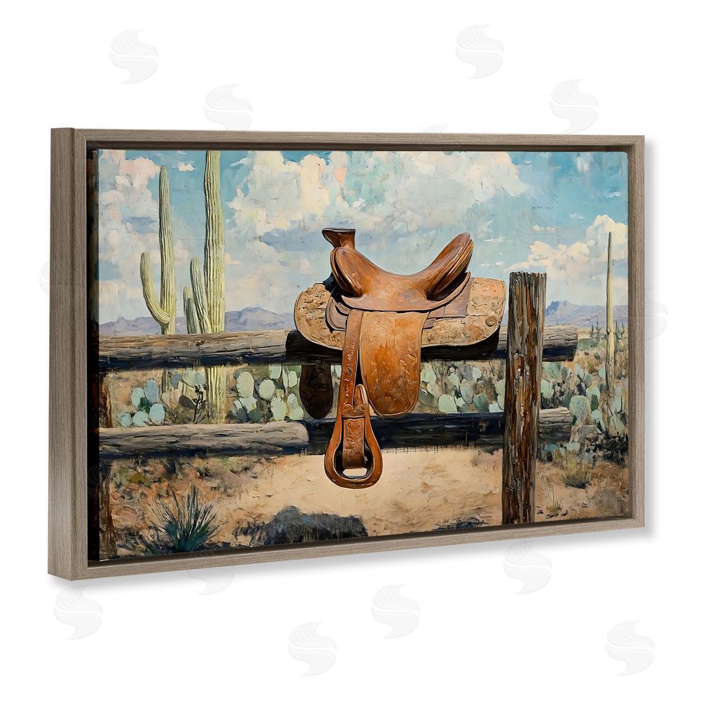 Franklyn Gregory Saddle on Desert Fence Brown Floating Framed Canvas Wall Art