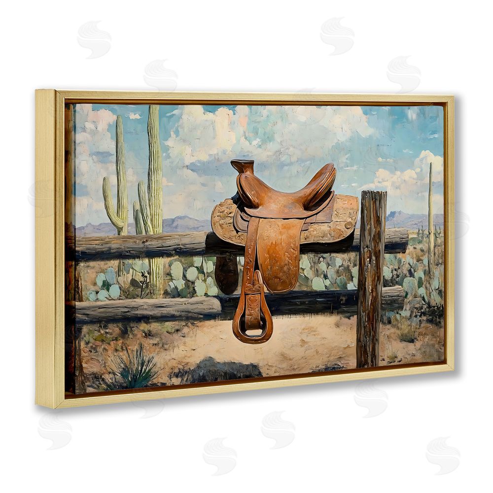 Franklyn Gregory Saddle on Desert Fence Gold Floating Framed Canvas Wall Art