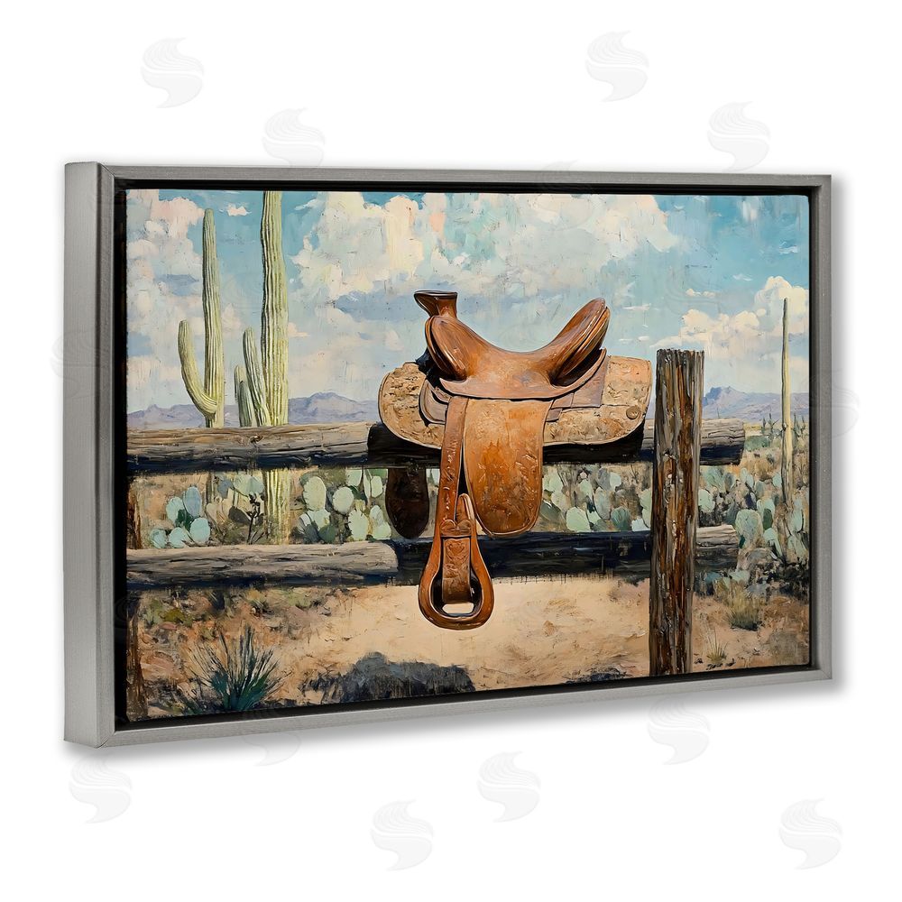 Franklyn Gregory Saddle on Desert Fence Gray Floating Framed Canvas Wall Art