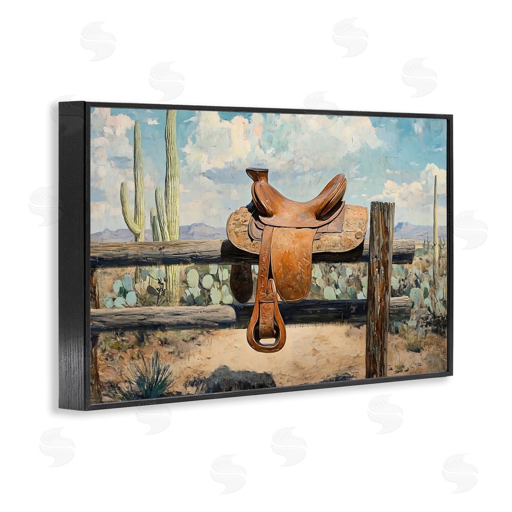 Franklyn Gregory Saddle on Desert Fence Black Framed Giclee Wall Art