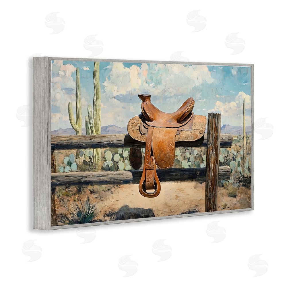 Franklyn Gregory Saddle on Desert Fence Gray Framed Giclee Wall Art