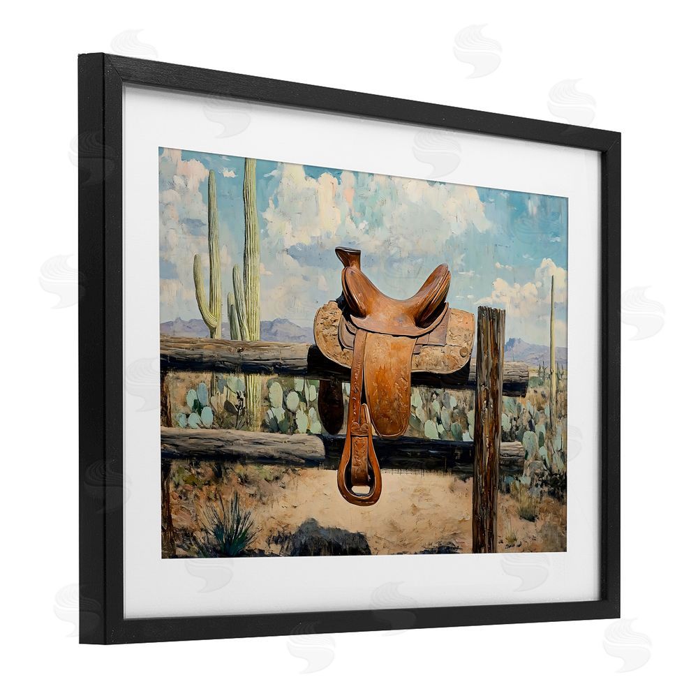 Franklyn Gregory Saddle on Desert Fence Black Framed Print Under Glass Wall Art