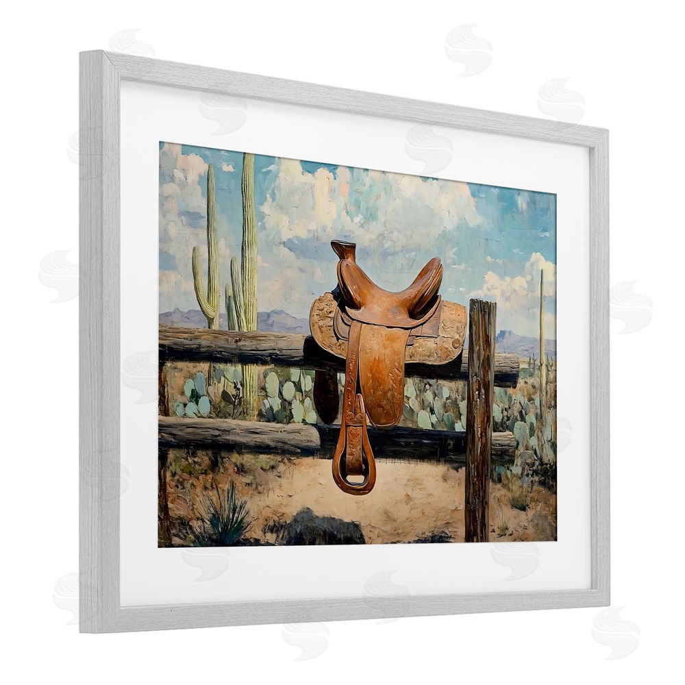 Franklyn Gregory Saddle on Desert Fence Gray Framed Print Under Glass Wall Art