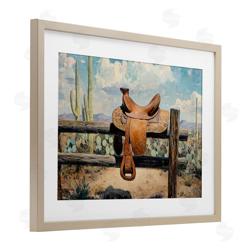 Franklyn Gregory Saddle on Desert Fence Brown Framed Print Under Glass Wall Art
