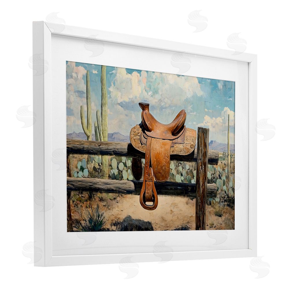 Franklyn Gregory Saddle on Desert Fence White Framed Print Under Glass Wall Art