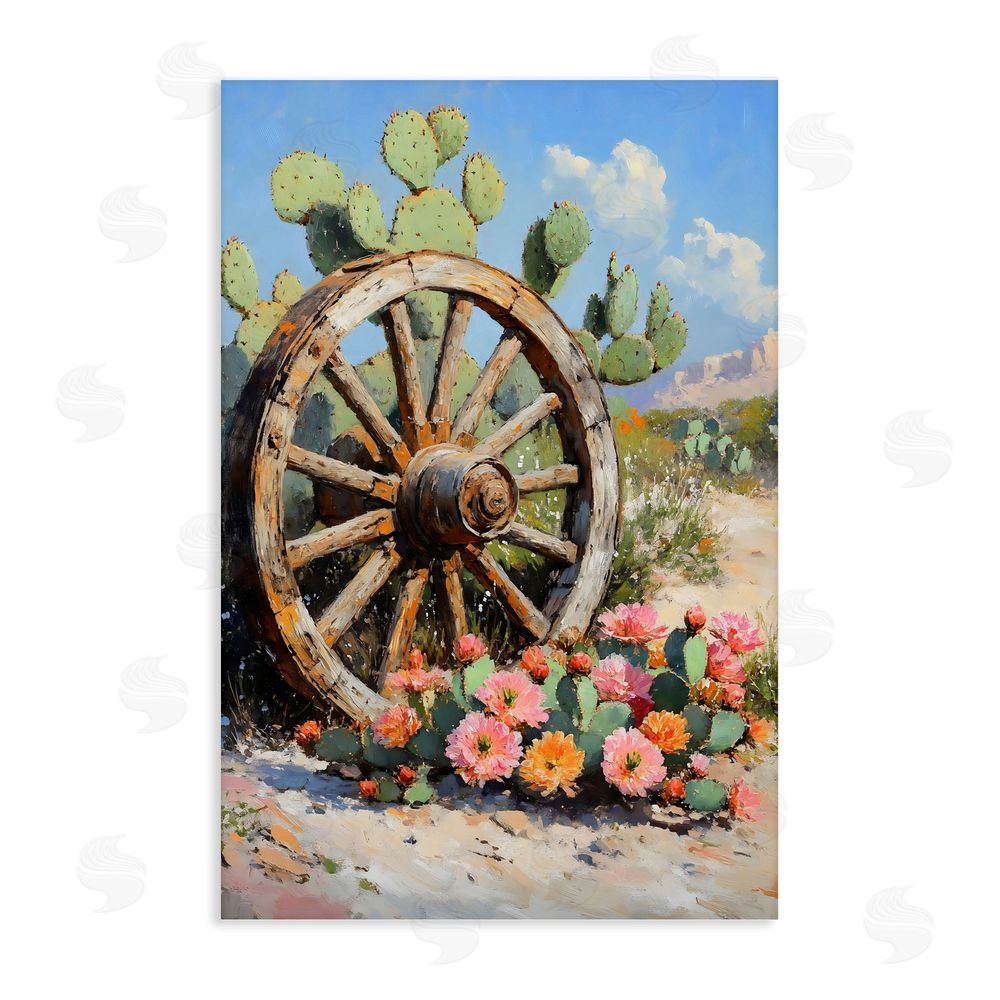Franklyn Gregory Wagon Wheel Among Cactus Stretched Canvas Wall Art Print
