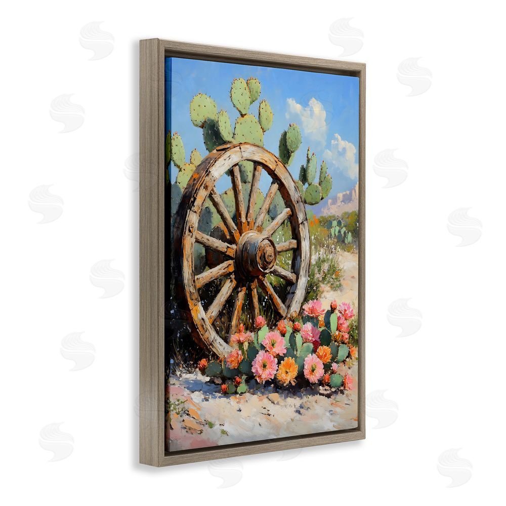 Franklyn Gregory Wagon Wheel Among Cactus Brown Floating Framed Canvas Wall Art Print