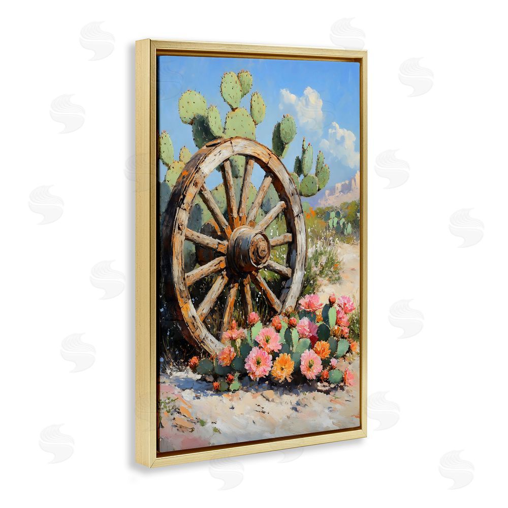 Franklyn Gregory Wagon Wheel Among Cactus Gold Floating Framed Canvas Wall Art Print
