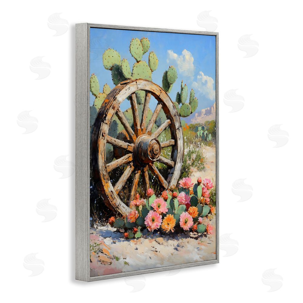Franklyn Gregory Wagon Wheel Among Cactus Gray Framed Giclee Wall Art Print