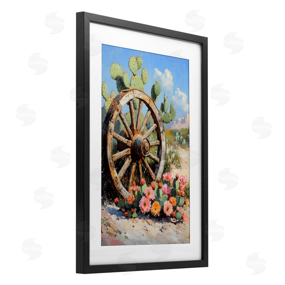 Franklyn Gregory Wagon Wheel Among Cactus Black Framed Print Under Glass with White Mat Wall Art