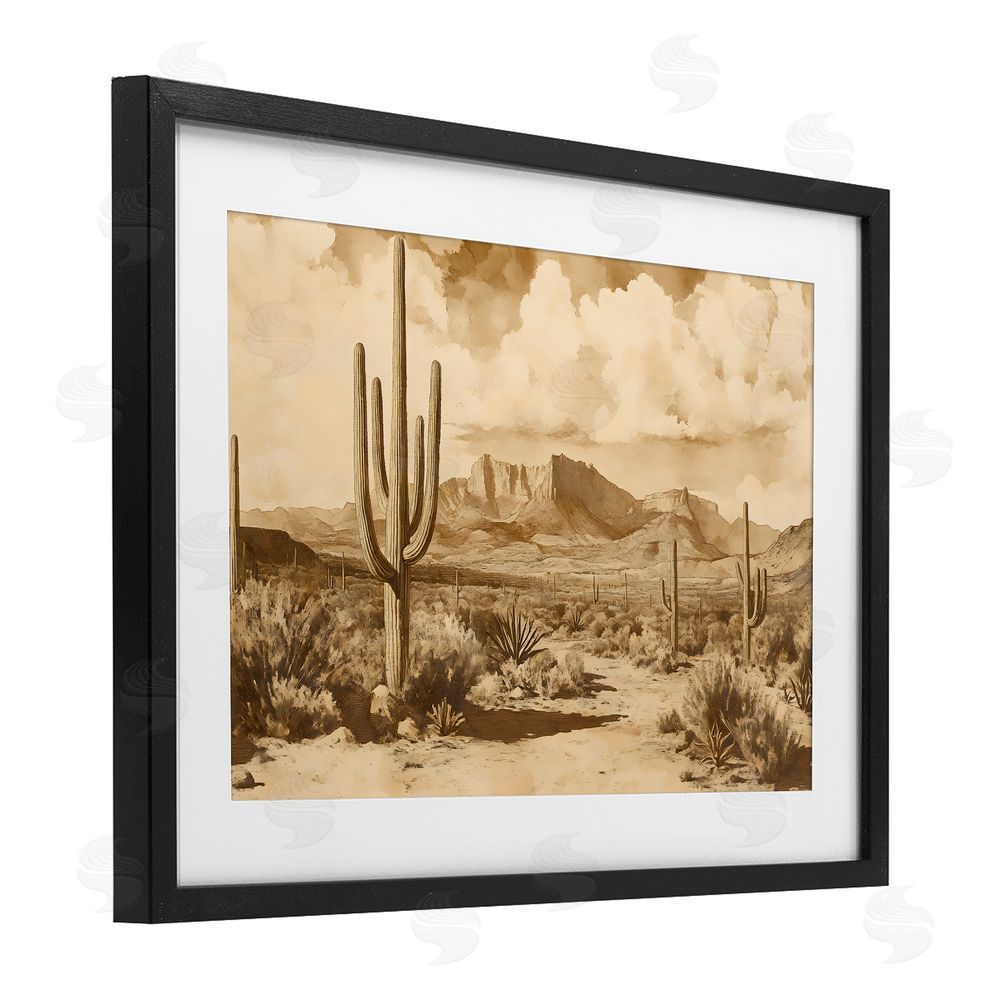 Franklyn Gregory Vintage Desert Peaks with Saguaro Black Framed Print Under Glass with White Mat Wall Art