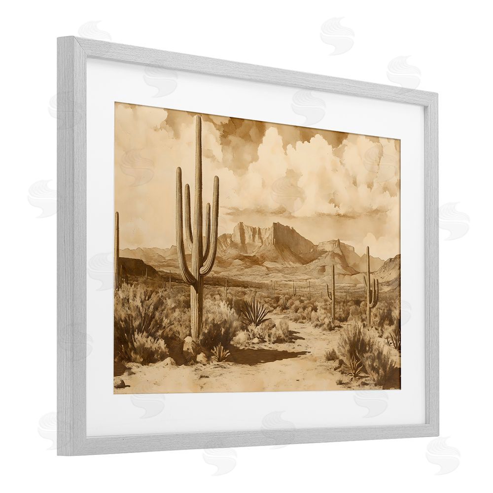 Franklyn Gregory Vintage Desert Peaks with Saguaro Gray Framed Print Under Glass with White Mat Wall Art