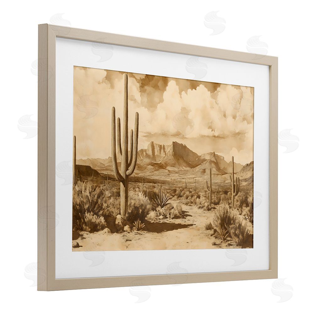 Franklyn Gregory Vintage Desert Peaks with Saguaro Brown Framed Print Under Glass with White Mat Wall Art