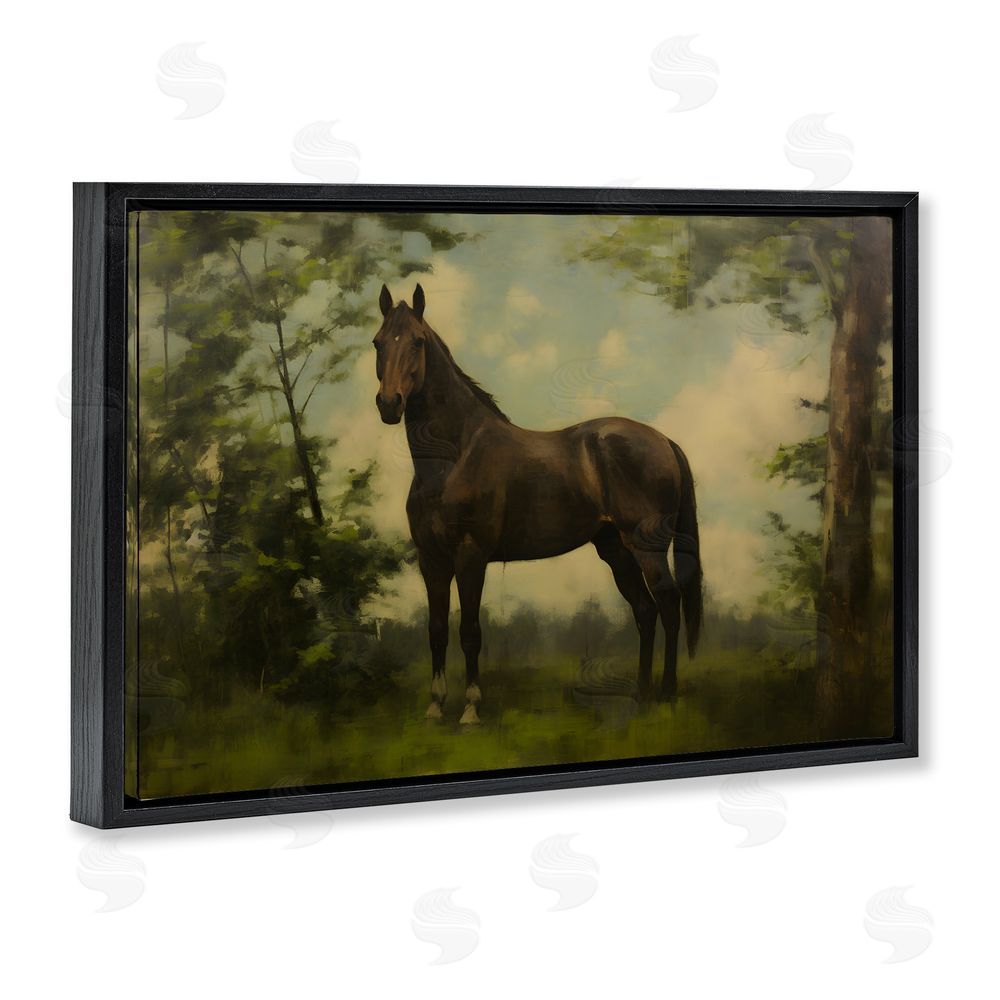 Petal Prints Design Forest Horse Portrait Black Floating Framed Canvas Wall Art