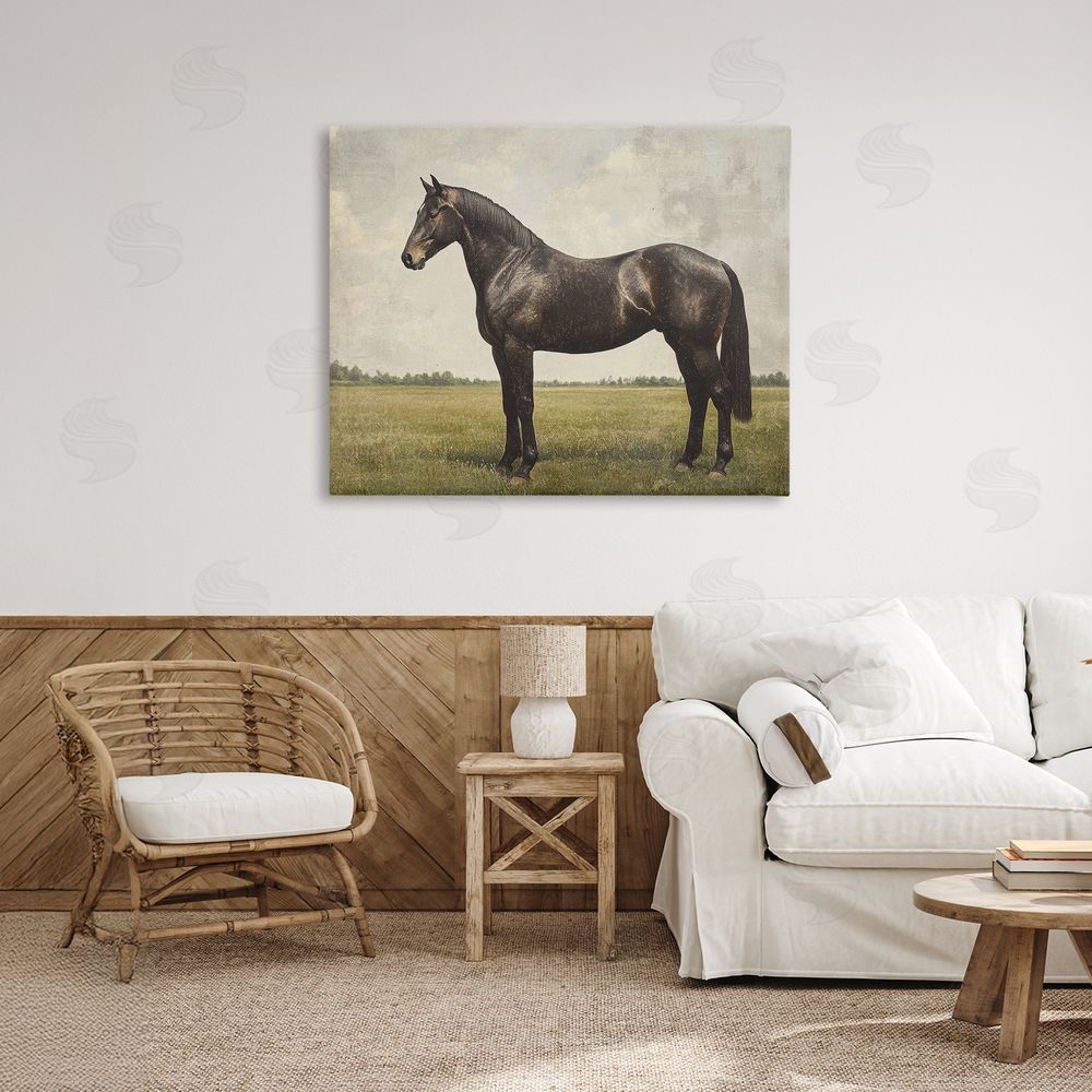 Petal Prints Design Espresso Horse in Pastoral Field Stretched Canvas Wall Art in Room