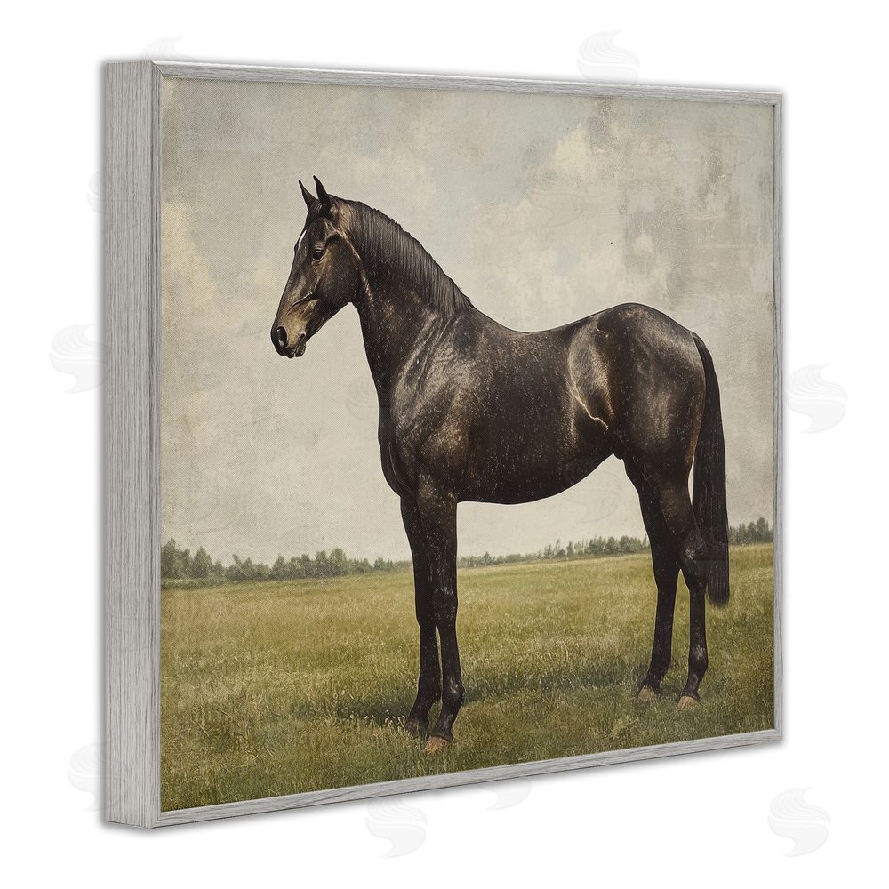 Petal Prints Design Espresso Horse in Pastoral Field Gray Framed Giclee Wall Art