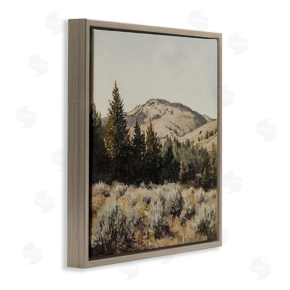 Petal Prints Design Cedar Mountain View Brown Floating Frame Stretched Canvas Wall Art Print