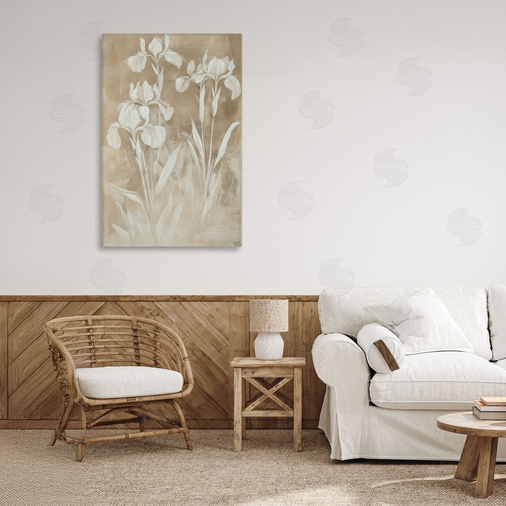 Petal Prints Design Neutral Iris Botanical Study Stretched Canvas Wall Art in Room