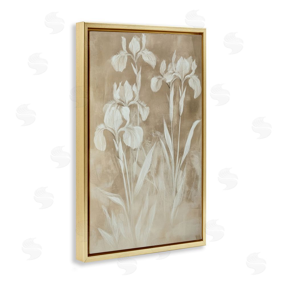 Petal Prints Design Neutral Iris Botanical Study Gold Floating Framed Canvas Wall Art