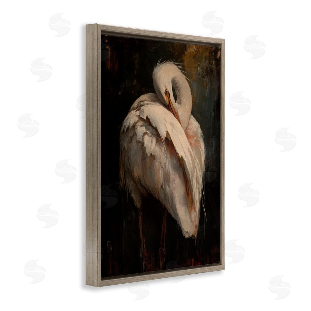 Petal Prints Design Sleeping Egret in Golden Light Brown Floating Framed Canvas Wall Art Print