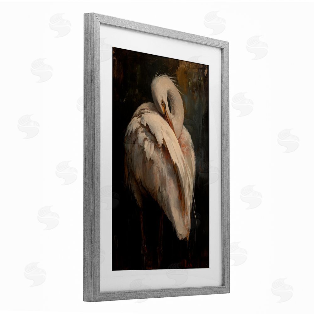 Petal Prints Design Sleeping Egret in Golden Light Gray Framed Print Under Glass with White Mat Wall Art