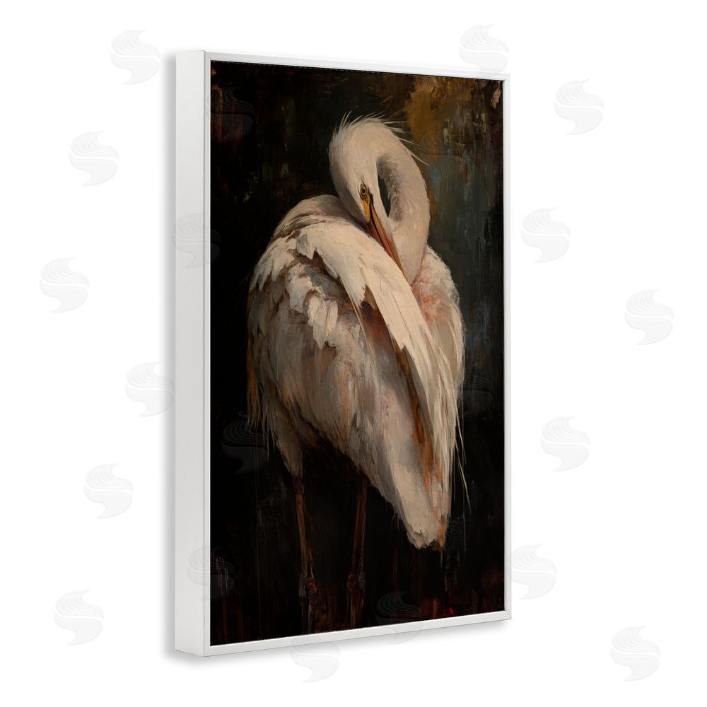 Petal Prints Design Sleeping Egret in Golden Light White Framed Giclee Wall Art Print